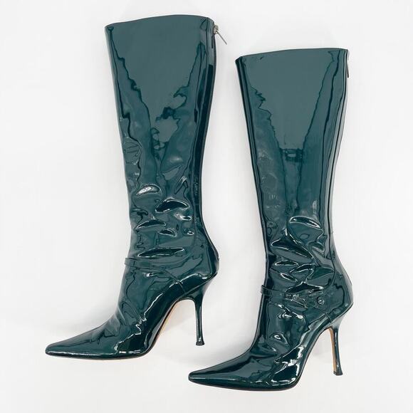 Retro Jimmy Choo Bottle Green Patent Leather Knee High Pointed Toe Boot IT 39.5 - Picture 2 of 11